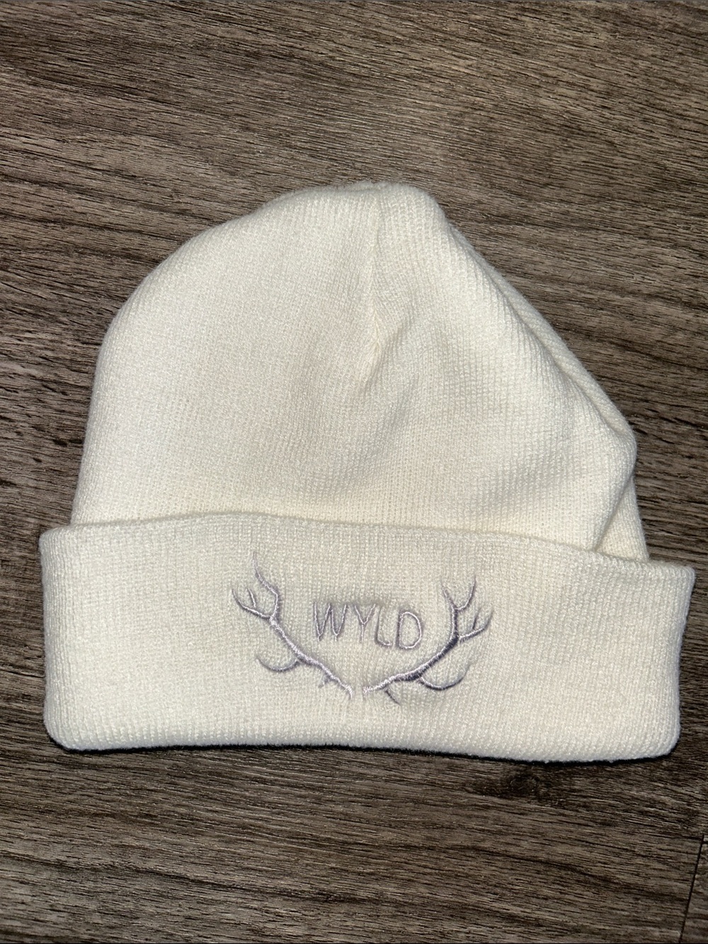 WYLD White Knit Beanie Hat Embroidered Logo Antlers Acrylic One Size